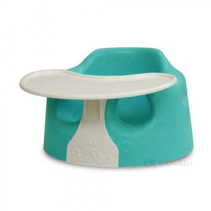 green bumbo seat with tray